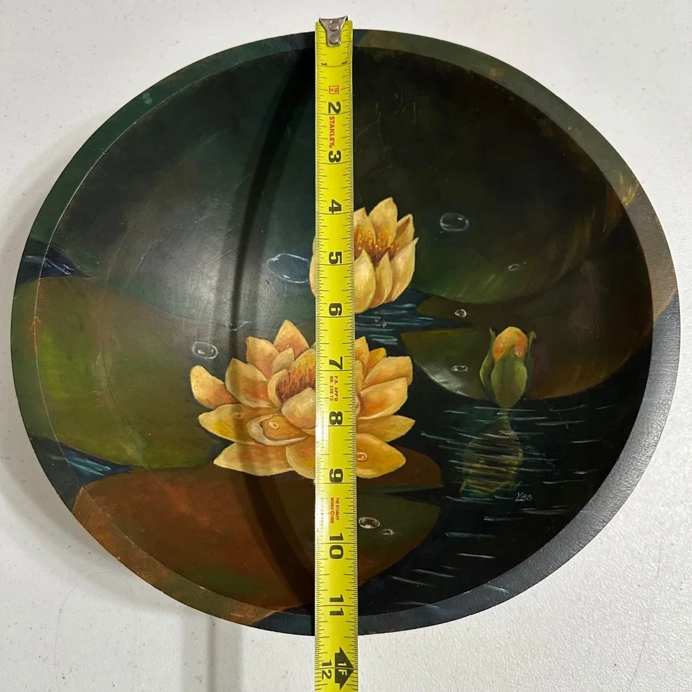 Weston Bowl Hand Painted Water Lily Wooden‎ Bowl Floral Art Vermont Vintage 11
